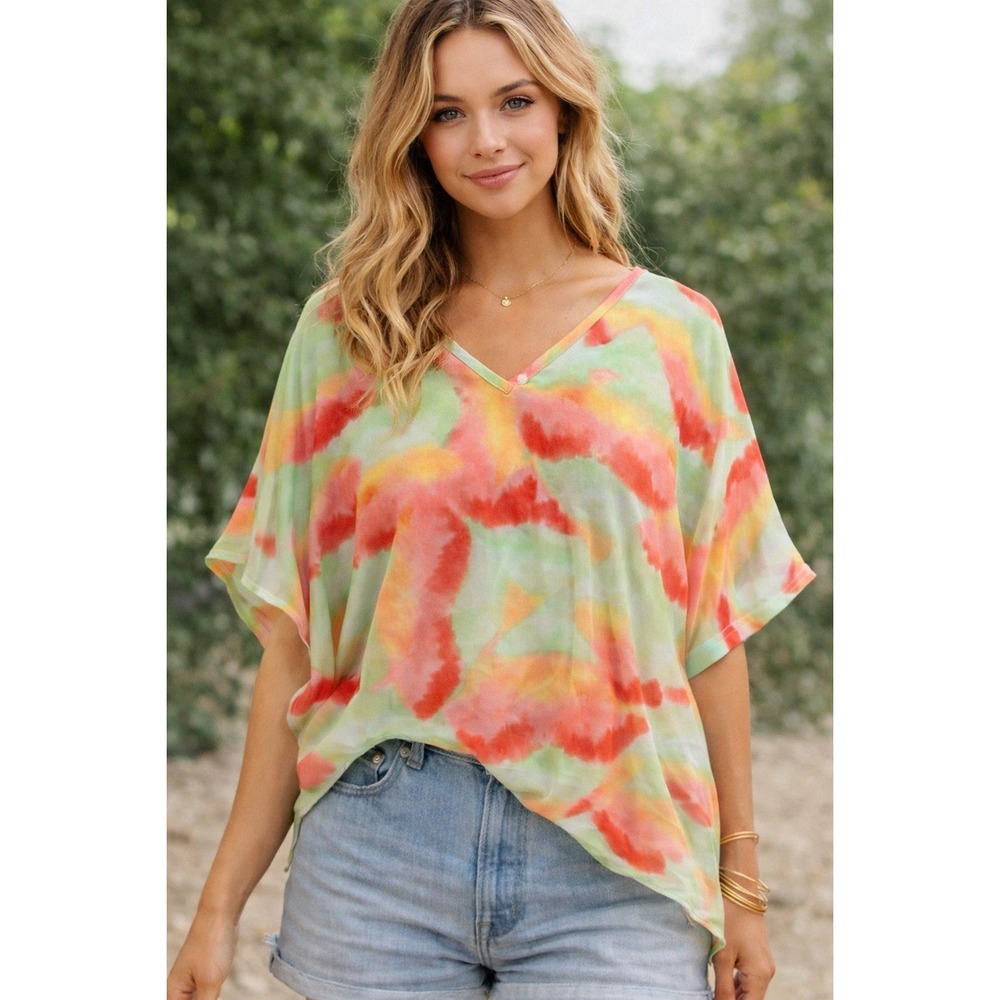 Adrienne Sheer Watercolor Tie Dye Top Medium‎ Boxy V Neck Dolman Boho Summer NWt